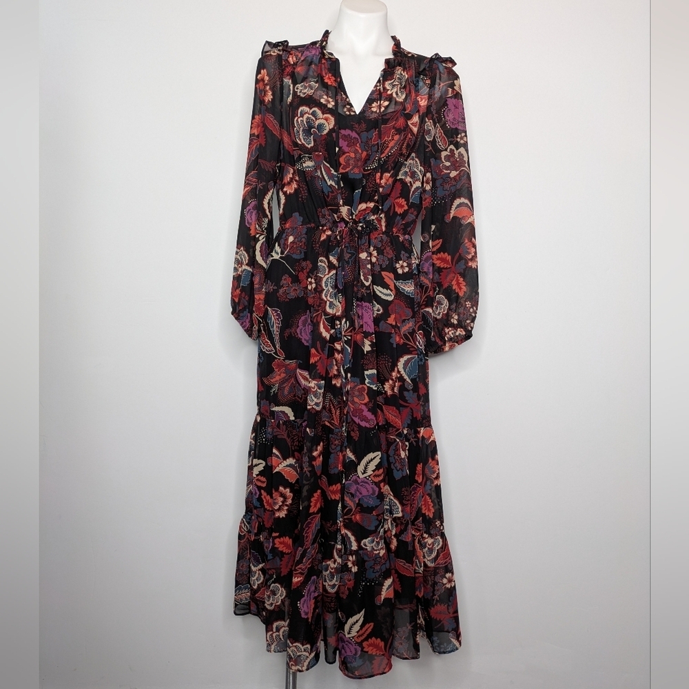 Maia Black Red Long Sleeve Floral Chiffon Midi Fit & Flare Dress 12